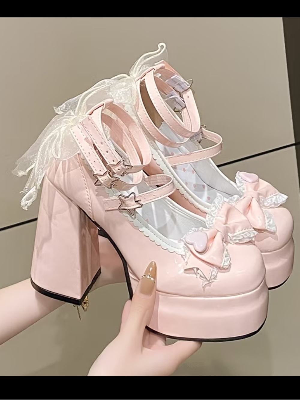 Pastel Pink Platform Mary Jane Heels with Lace Bows